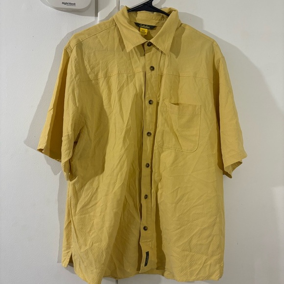Cabelas Mens LYellow Short Sleeve Button Down Shirt Lightweight Preppy Outdoor - Picture 1 of 9
